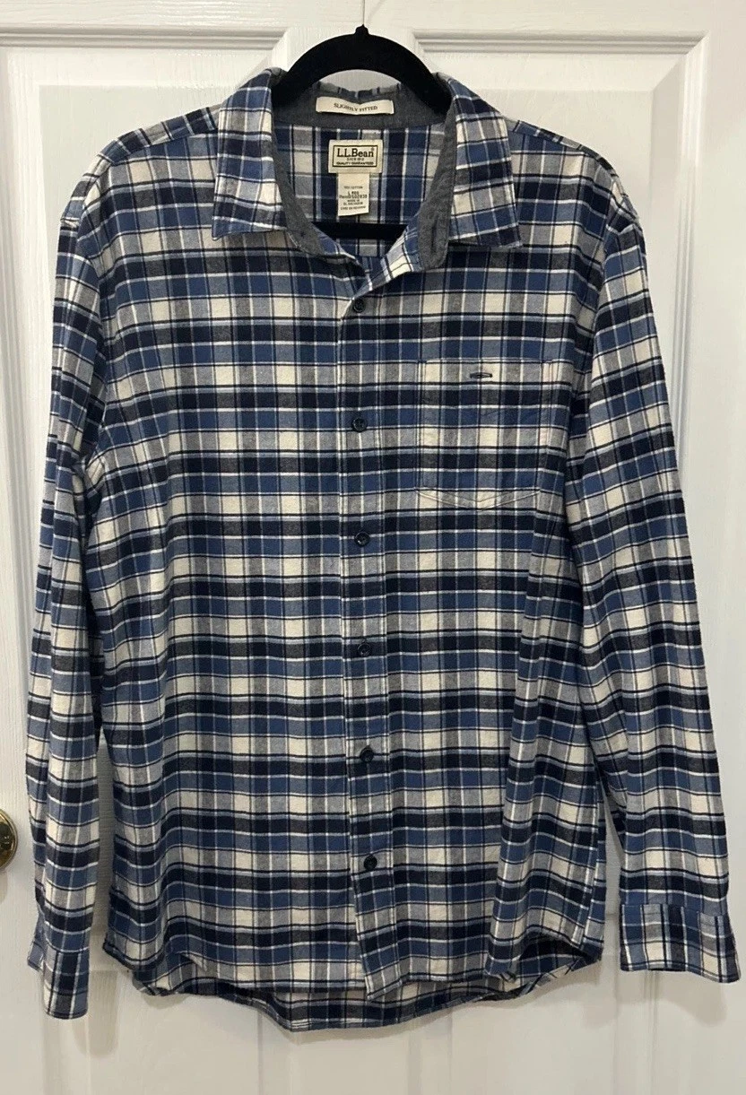 L.L. Bean Shirt Mens Large Flannel Blue Plaid Slightly Fitted Button Down Cotton
