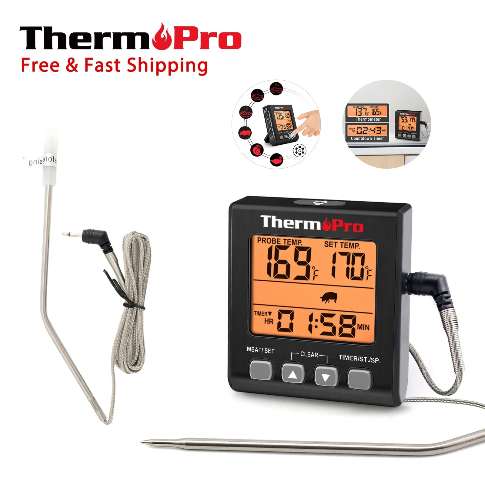 ThermoPro TP16S Digital Meat Thermometer Probe Backlit LCD USDA Preset Grill BBQ
Opens in a new wind