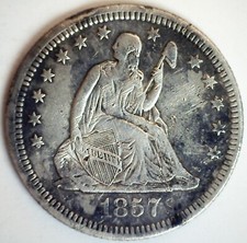 1857 Seated Liberty Silver Quarter 25c US Type Coin XF Circulated Damaged