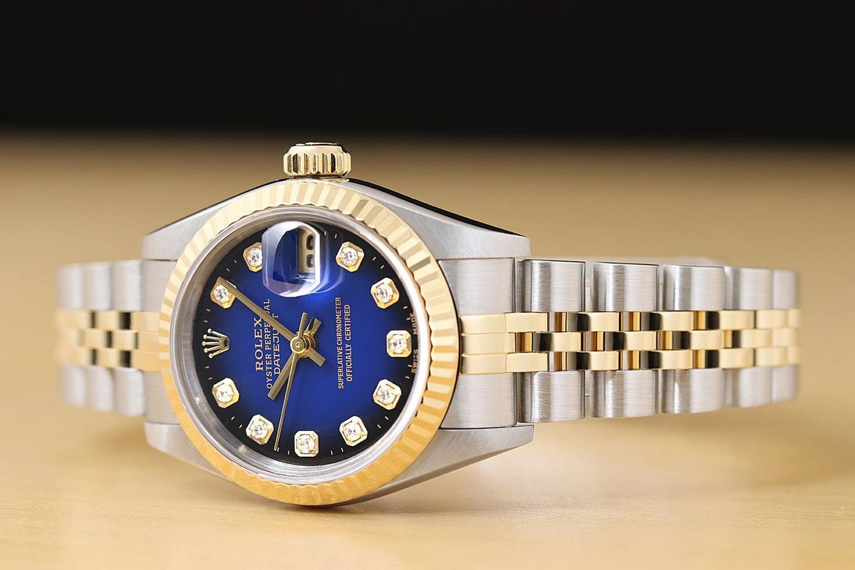 ROLEX LADIES DATEJUST 79173 BLUE VIGNETTE DIAMOND DIAL 18K YELLOW