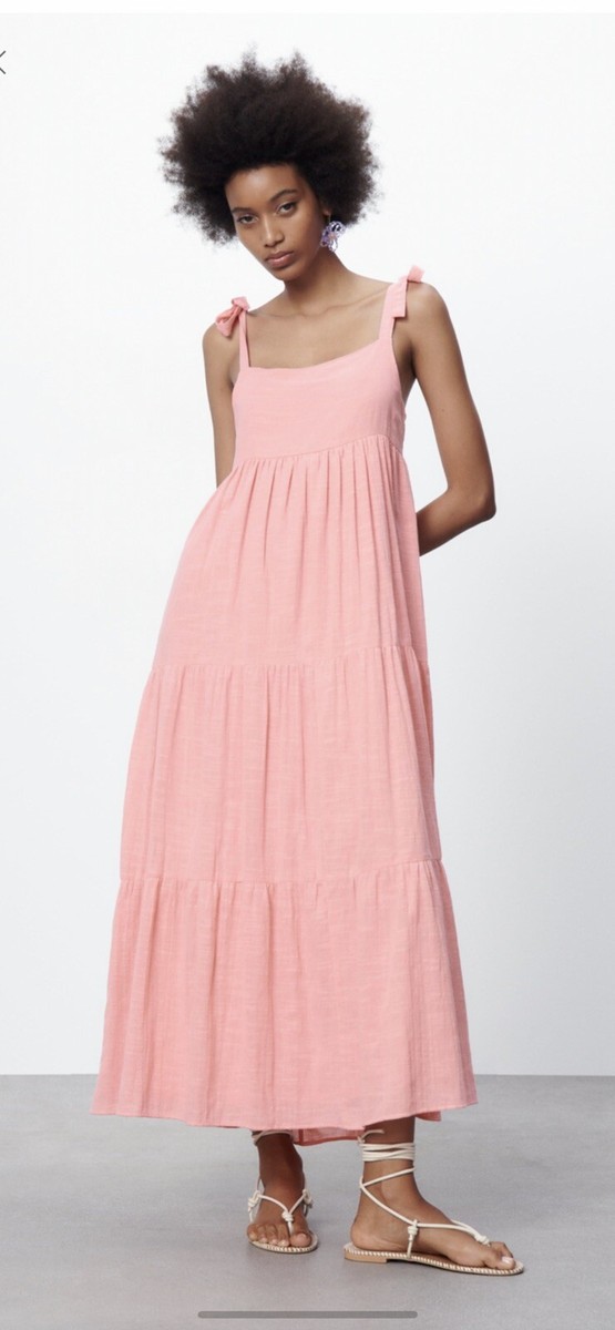 100% Authentic ZARA Bubble Gum Pink Tiered Cotton Dress Size: S | eBay