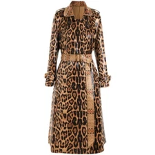 Womens Snake Leopard Print Long Windbreaker Long Sleeved Leather Top Coat Dress