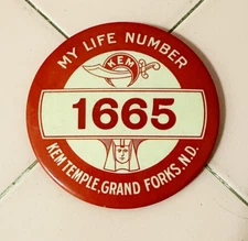 Vntg Pinback Button KEM Temple Grand Forks MY LIFE NUMBER 1665 Shriners Masonic
