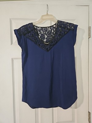 New Silky Medium 36x27 Express Blue & Black Lace Roll Sleeve Dressy Blouse Top 