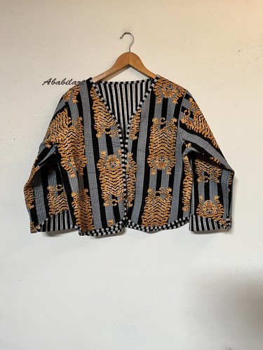 Indian Black Tiger Printed Cotton Quilted Jacket Vintage Reversible Jacket - Picture 4 of 10