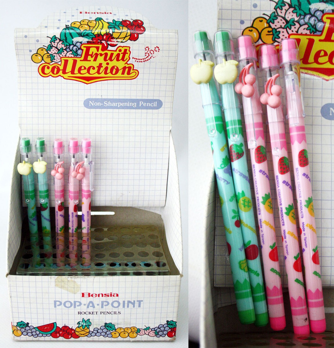 5x VINTAGE 80'S BENSIA POP A POINT FRUIT ROCKET PENCILS + DISPLAY