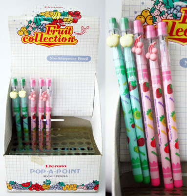 5x VINTAGE 80'S BENSIA POP A POINT FRUIT ROCKET PENCILS + DISPLAY