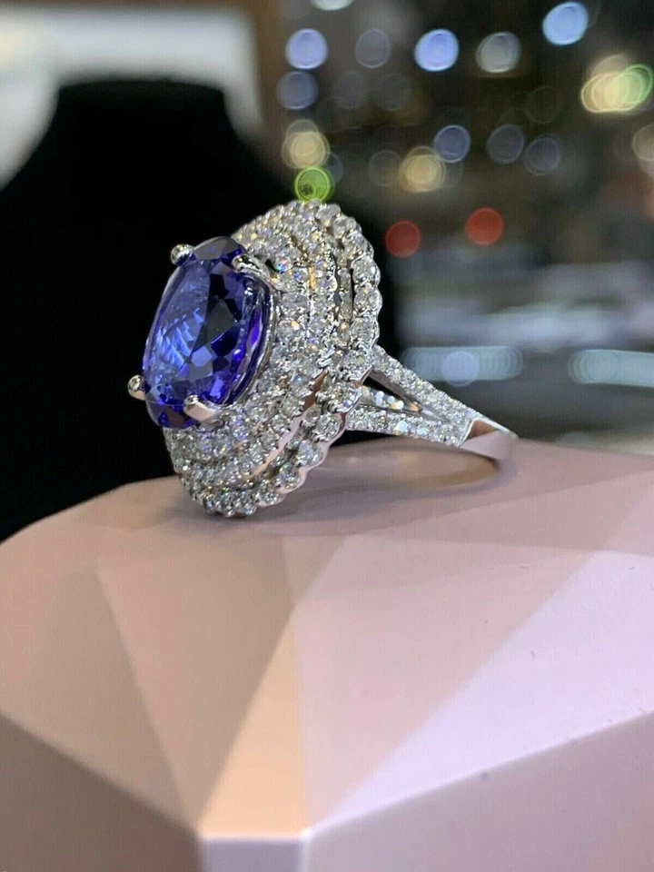 3Ct Oval Cut Lab-Created Tanzanite Halo Engagement Ring In 14k White Gold Plated - Image 4 of 4