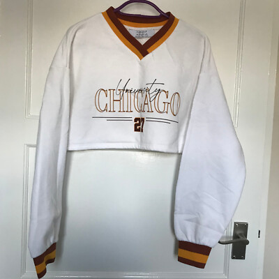 Weißer Cropped Pullover UK 8 XS Langarm University Chicago Spruch Fleece