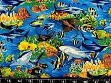 Tina Scrap 9"x21" Fish Blue Water Ocean Shark Stingray Shell Sea FABRIC COTTON