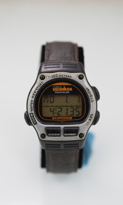 Timex Uhr Herren Grau Kunststoff Schwarz 100m Braunes Leder Datum Alarm Licht