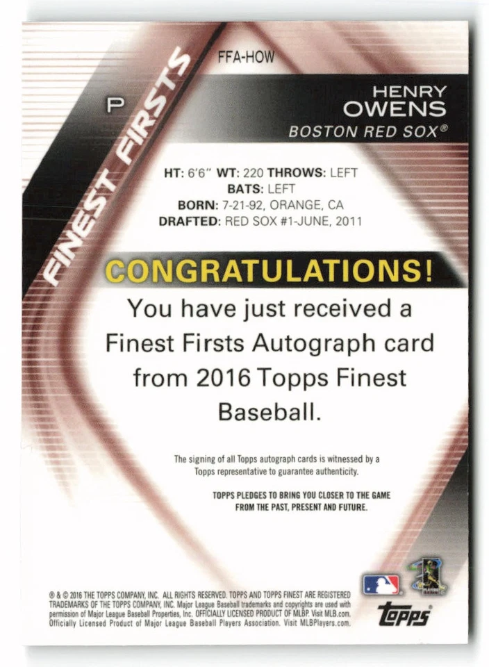 2016 Finest #FF-HOW Henry Owens Firsts Boston Red Sox - Image 2 of 2