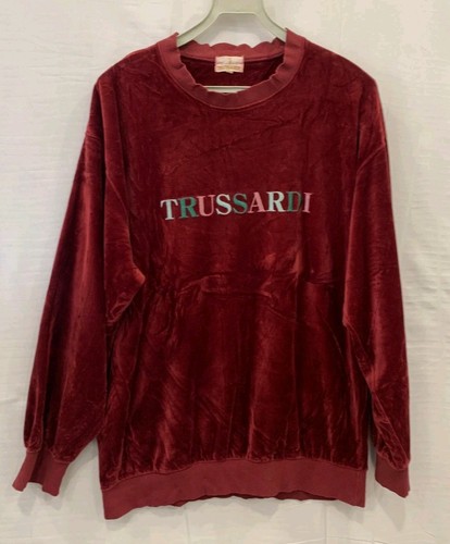 Trussardi, Vtg TRUSSARDI Velour Sweatshirt Spellout Logo Burgundy Red Mens Size L 90s#251