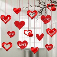 Valentine Heart Hanging Decorations Glitter Love Ornaments Red Ribbon 16 Pack