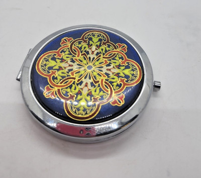 Vintage Style Round Compact Mirror Blue Gold Ornate Arabesque Medallion 2.75''