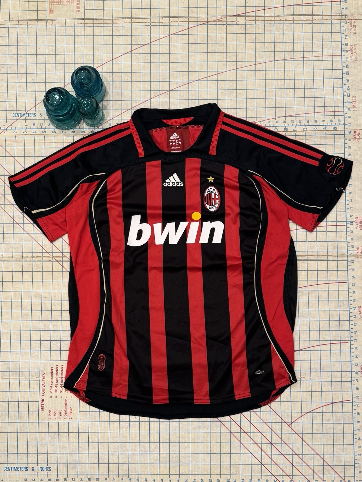 Vintage Adidas AC Milan Red & Black Striped Soccer Football Kit Jersey Mens XL