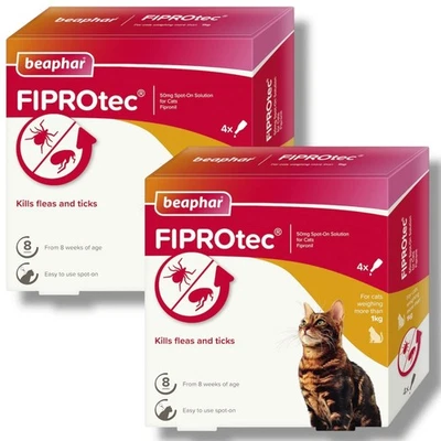 8 x Beaphar Fiprotec Cat Flea Spot On Fipronil Vet Strength Treatment 2 X 4 Pack