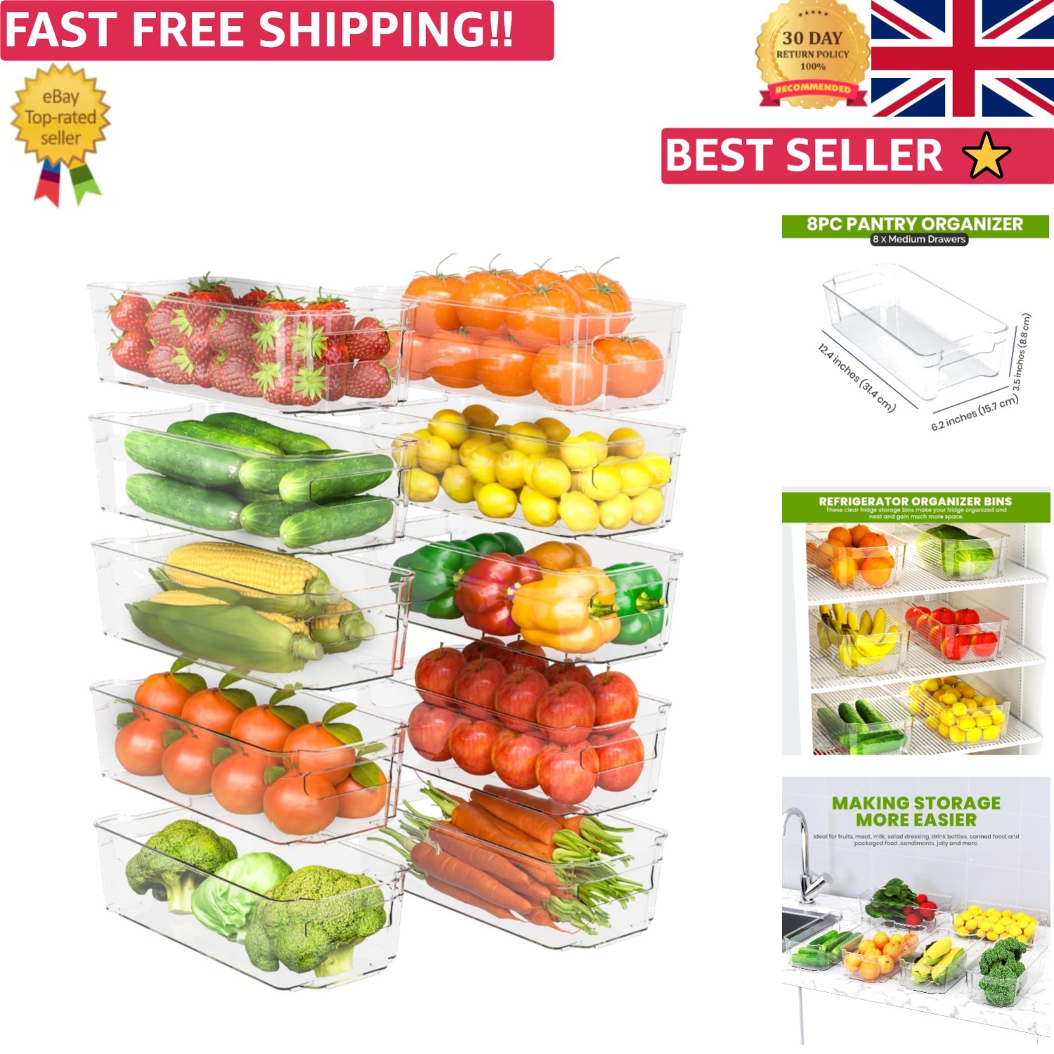Clear Multipurpose Stackable Organizing Bins - Set of 10 for Kitchen & Pantry
