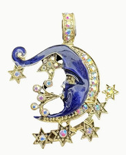 BROOCH/PENDANT- Elegant Blue Enamel,  Rhinestone Celestial Body, Gold Tone