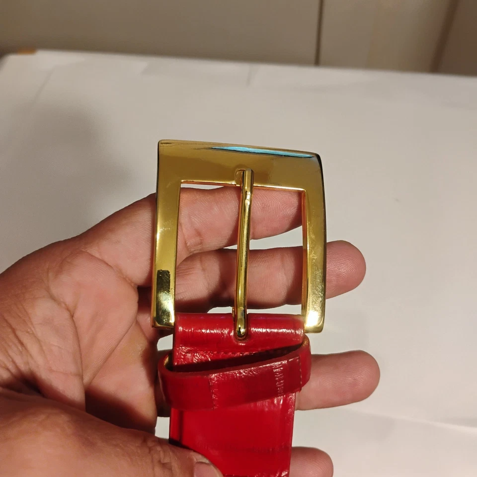 Cinto de couro vermelho pele de enguia real W. Kleinberg fivela de bronze tamanho médio feminino EUA - Imagem 3 de 4