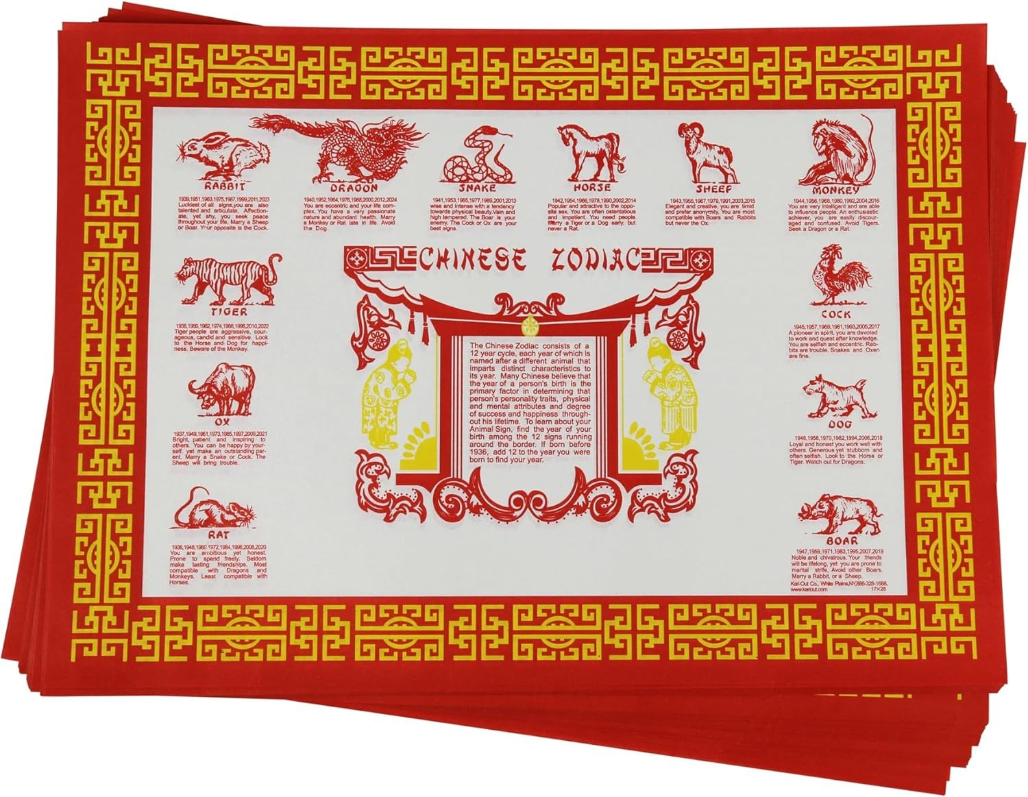 Chinese Zodiac Animal Personality Paper Placemats, 10x14, Pack of 50