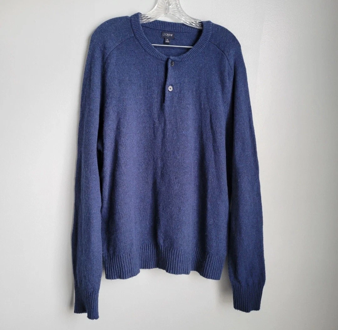 J. CREW Long Sleeve HENLEY SWEATER SIZE XL LAMBS' WOOL Blend BLUE SOLID