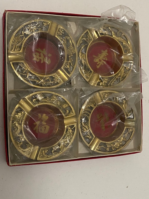 Vintage Ashtrays Matching Brass Red Set Of 4 Asian Motif 1960s Stackable 