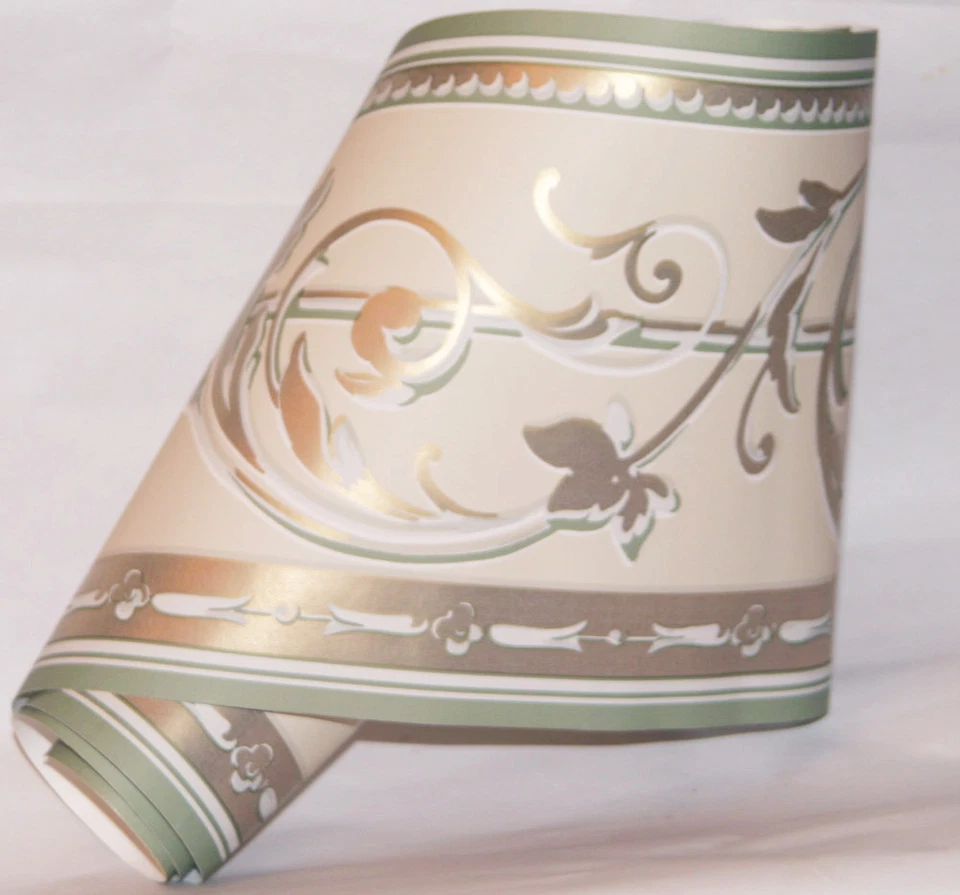 Sage Green Cream Metallic Gold Shiny Acanthus Leaf Scroll Bead Wall paper Border - Изображение 2 из 2