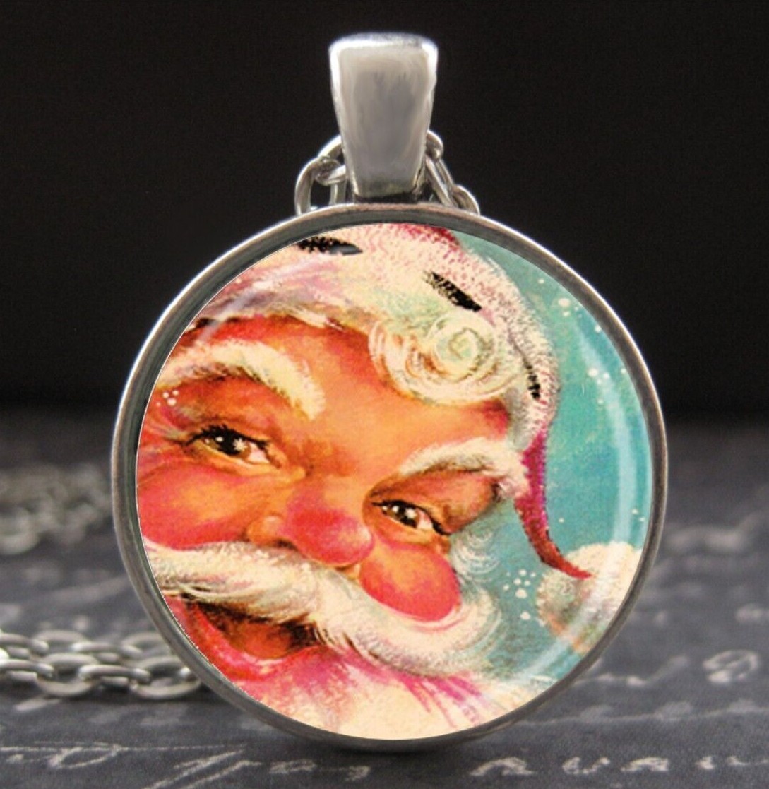 Vintage Santa Claus Christmas Art Necklace Retro Angels Pendant Reindeer  Jewelry