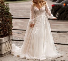 A-line Plus Size Wedding Dresses V Neck Tulle Long Sleeve Bride Gown Sweep Train