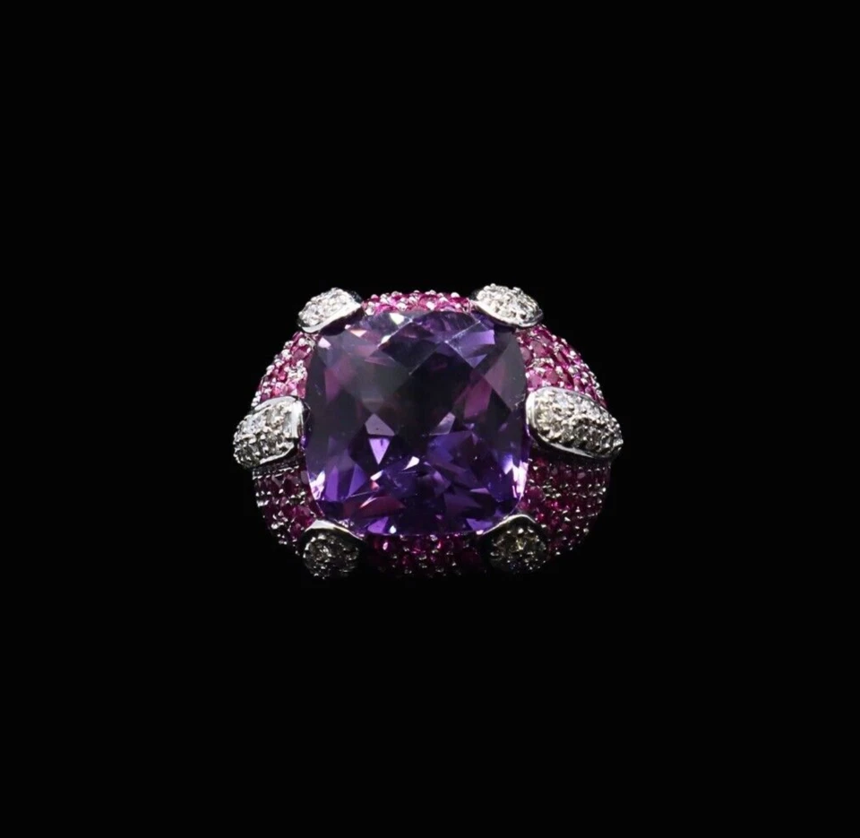 Anillo grande llamativo de oro blanco de 14 quilates amatista, zafiro rosa y diamantes Foto 4 de 4