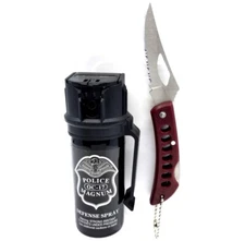 Police Magnum 2oz Flip Top Belt Clip pepper spray and Red Pocket Knife Security