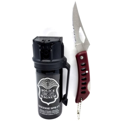 #ad Police Magnum 2oz Flip Top Belt Clip pepper spray and Red Pocket Knife Security $10.99