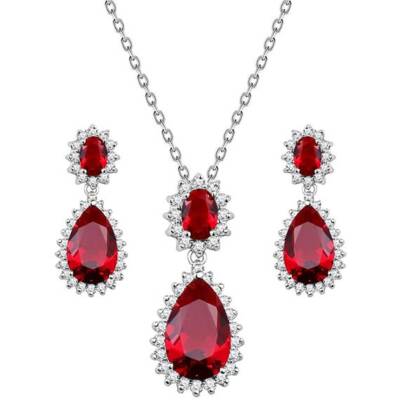 Set aus Halskette und Ohrringen mit Weißgold-Finish und Diamant Rubin Birnenschliff