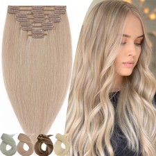 US Thick Double Weft Clip In Real Remy Human Hair Extensions Full Head Champagne