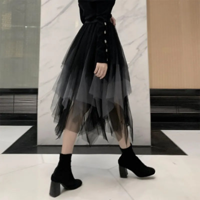 Lady Midi Gauze Mesh Tutu Tulle Skirt Gradient Color Party Casual Summer Fairy