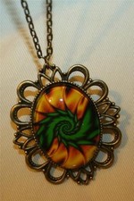 Handsome Festoon Brasstone Green Yellow Peach Swirl Glass Cameo Pendant Necklace