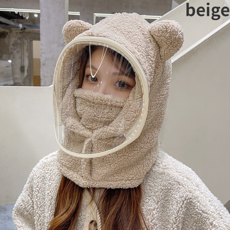 Ladies Girls Solid Cute Bear Ear Cap Transparent Wind Mask Hat Winter Warm Chic