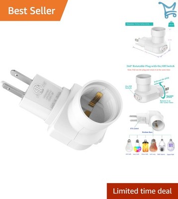 Plug In Light Socket 2-Pack Outlet to Socket Adapter 360° Rotatable Switch
