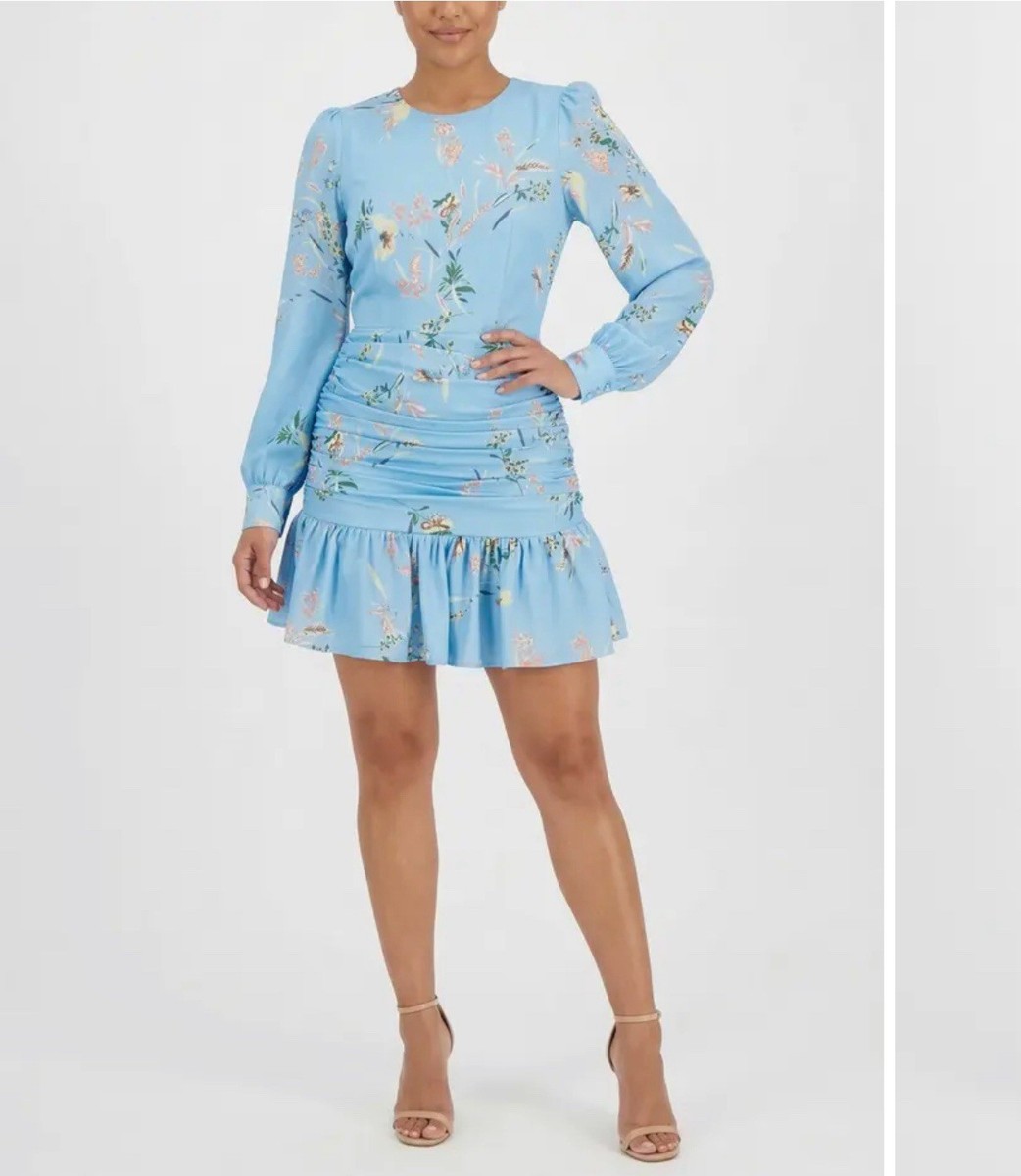 Rachel Roy Blue Floral Ruched Long Sleeve Short Dress Size 2 | eBay