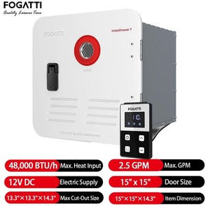 FOGATTI RV Tankless Water Heater InstaShower 7 with 15 x 15 in White Door DC 12V