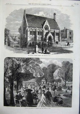 Original alter antiker Druck 1863 Vaughan Bibliothek Harrow Garden Regent'S Park Kunst