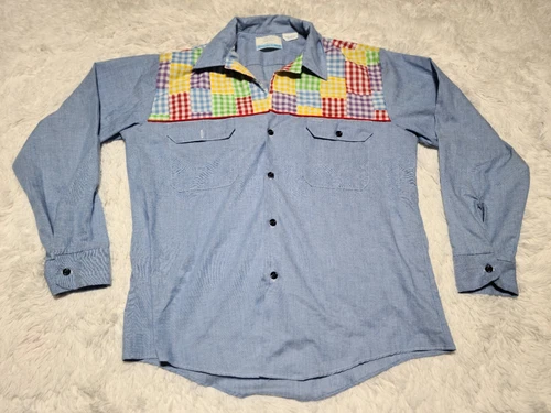 Sears Fieldmaster Gingham Patchwork L Shirt (16-16.5) LS Button Down Perma-Press