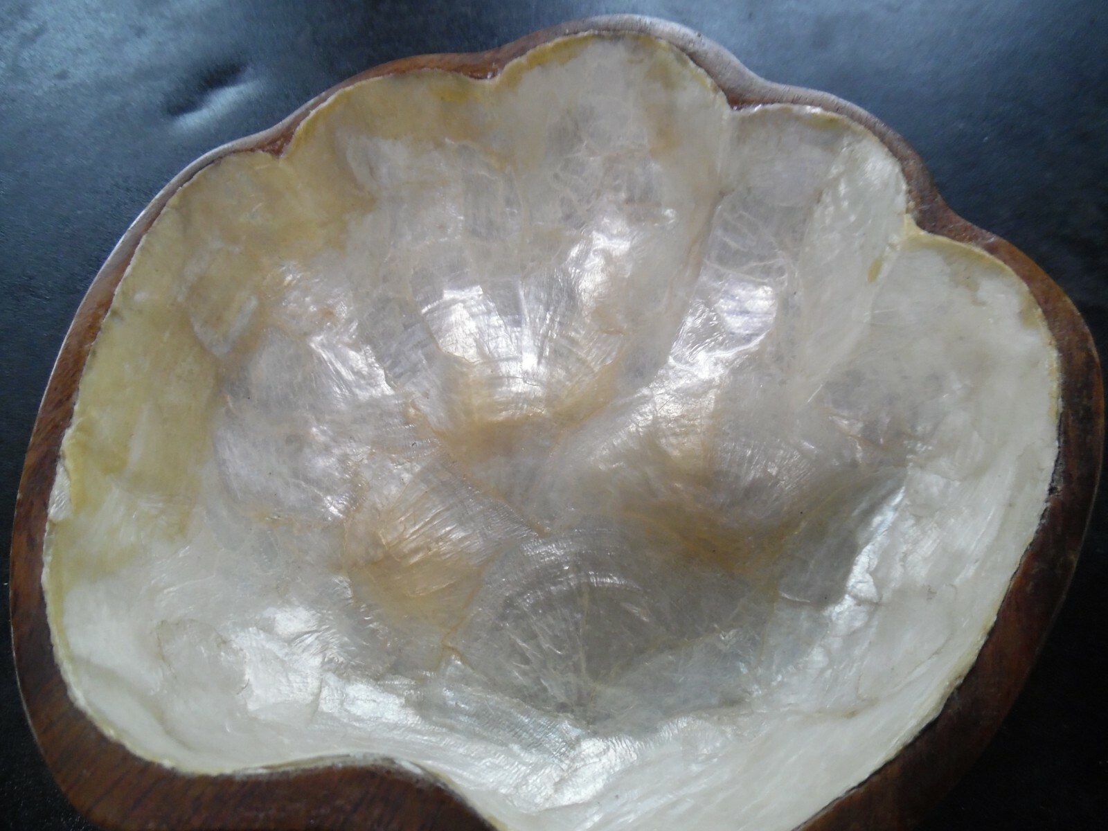 Vintage Teak wood scallop look bowl with shell inlay - 6½" x 6½"