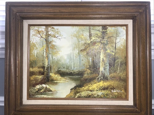 F. HOLZER ORIGINAL OIL ON CANVAS SHOWS TRAILS IN THE WOODS