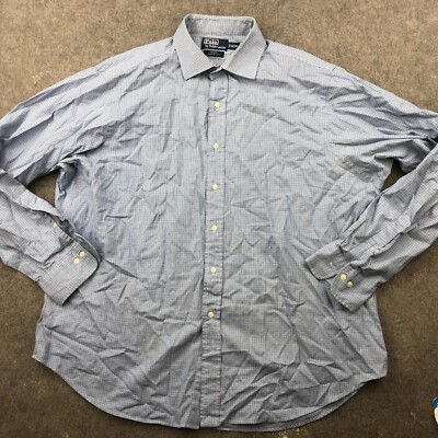Ralph Lauren Shirt Men 2XL 18 Blue Check Long Sleeve Pony Regent