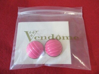 VENDOME Vintage Clip-On Hot Pink Enamel Metal Earrings  NOS