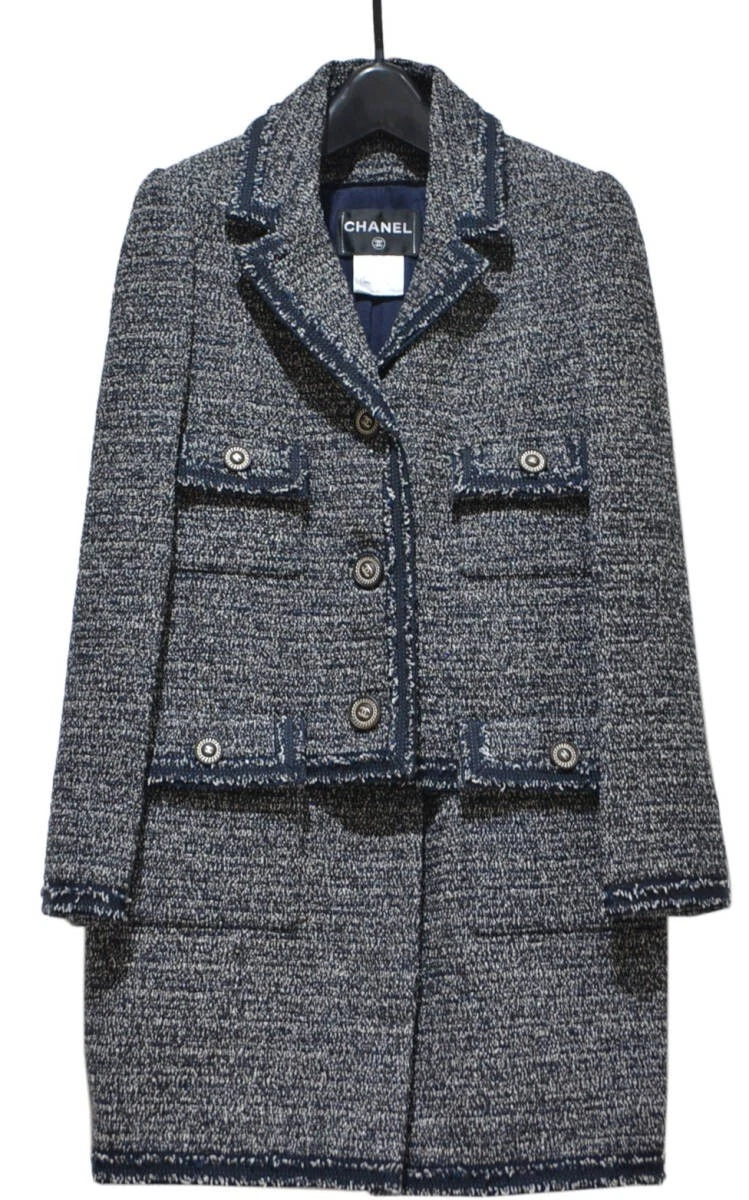 Giacca CHANEL 12A tweed set up Coco Mark collo bottoni 34 gonna 36 blu navy nero