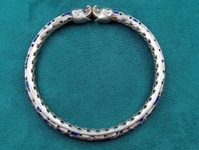 Double Happy Elephant Theme Silver Bangle Bracelet w. Blue Enamel Inlay