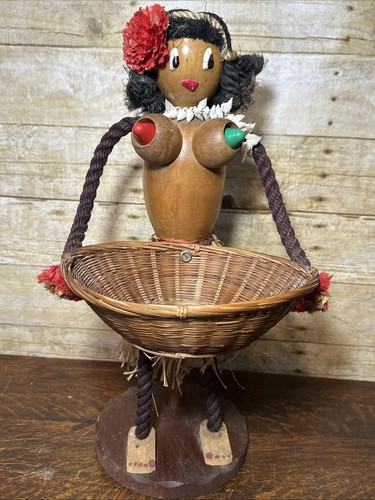 Vintage Tiki Bar Hula Hawaiian Girl Lamp with Basket Works